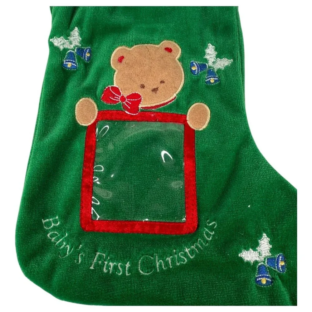 Babys‎ First Christmas Stocking Green Sock With Bear Applique & Photo Holder 10”